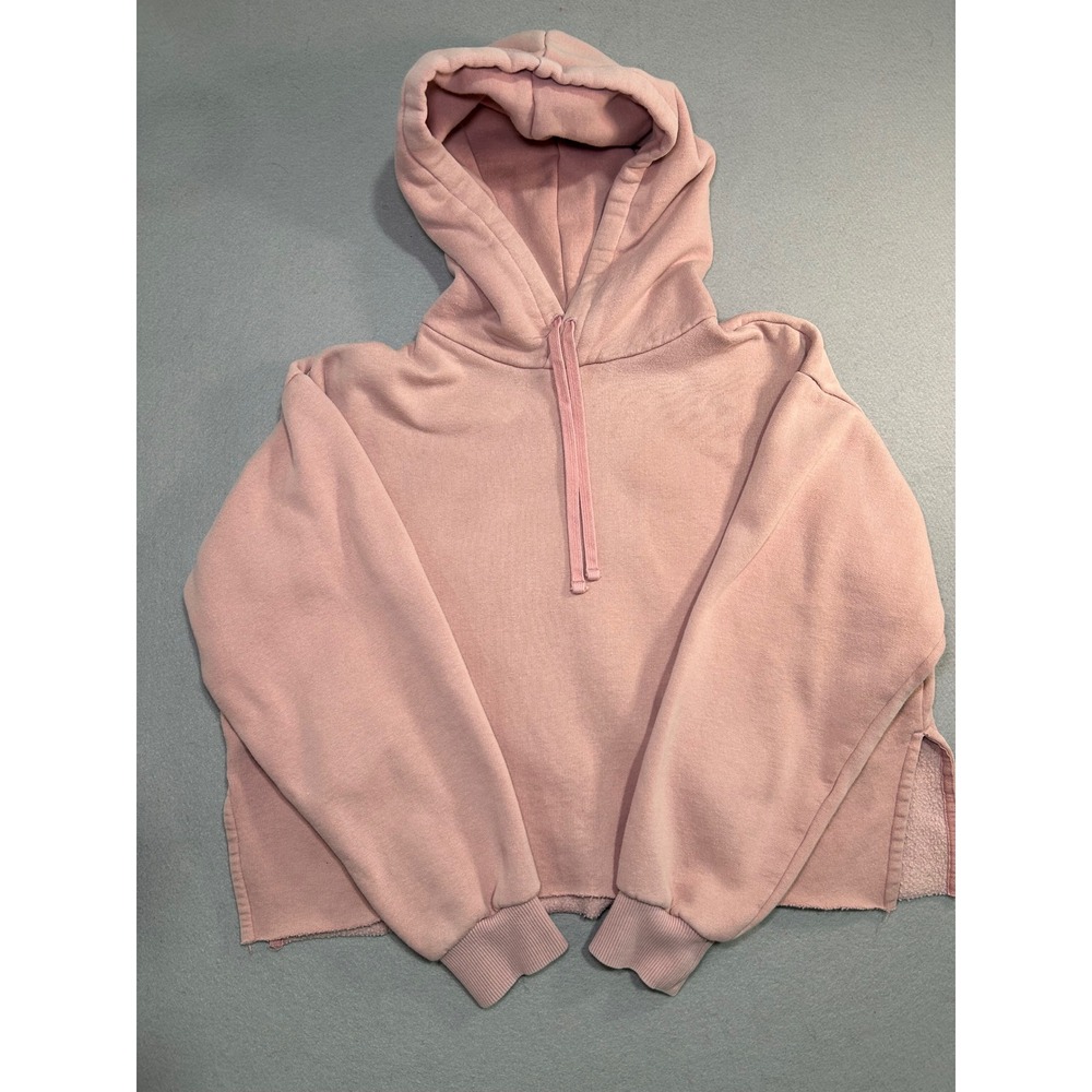 Everlane Hoodie Womens Small Pink Cropped Raw Hem Fleece Side Slit Pullover